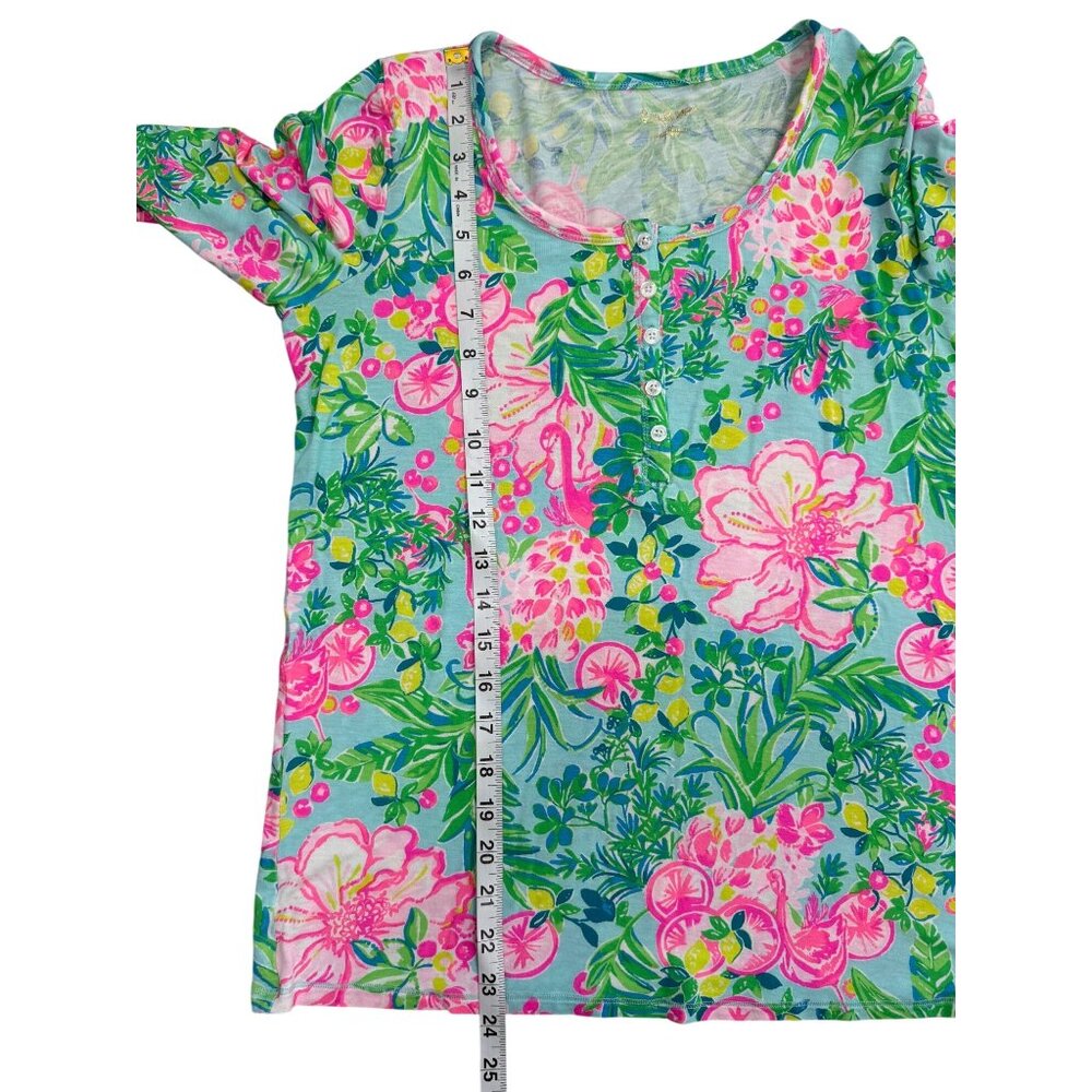 Lilly Pulitzer Long Sleeve Top Henley PJ Fruity Flamingo Green Pink Women Size M - Picture 5 of 8